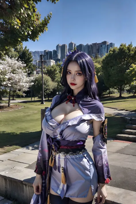 <lora:raiden_shogun:0.8>,(1girl), raiden_shogun,  purple eyes, mole under eye, purple hair, hair ornament, obi, sash, shoulder armor, cleavage, (large breasts:1.2),looking at viewer, long hair, (purple kimono:1.2), thighhighs, standing, upper body, outdoors, park, lawn,stone stairs, (flowers:1.2),lake,sunshine,mountains, <lora:Euro-AmericanDollLikeness_V20:0.65>