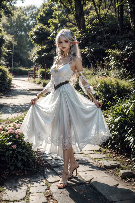 <lora:The_Greater_Lord_Rukkhadevata:0.6>,1 sweet girl, cowboy shot, the greater lord rukkhadevata,  side braid, long hair,((white hair)), leaf hair ornament, pointy ears,elf, green eyes,bare shoulders, jewelry, white long dress, detached sleeves, bracelet , (bare feet), dancing,looking at viewer, full body, outdoors, in the forest, trees, (creek), sunshine,(fantasy), ((flowers:1.3)), <lora:add_detail:1>, <lora:Euro-AmericanDollLikeness_V20:0.6>