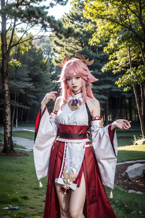 realistic face lighting,bright backlight,big bust,ultra high resolution,best quality,masterpiece, RAW photos,8k,Senji,1 woman,yae miko,alone,long hair,pink hair,separated sleeves,looking at viewer,bijouterie,bare shoulders,japanese clothes,forehead,wide sleeves,earring,pink lips,hair between eyes,shirt,(purple eyes:1.1),animal ears,headdress,white shirt,afternoon,sky,red skirt,laugh,Non-traditional Miko,floating hair,long sleeves,skirt,thighs,