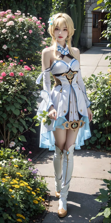 <lora:Lumine:0.7>, (1girl), ((close-up)),(cowboy shot), lumine_genshin, blonde hair, hair flower, hair between eyes, hair ornament, bangs, white dress, detached sleeves, bare shoulders, lumine's thigh boots, (standing), (smile:0.8), full body, outdoors, european town, european style houses, (castle), flowers, green plants, noon, streets, sunshine,