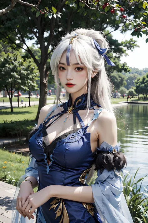 photorealistic, high resolution,masterpiece,best quality,ultra-detailed, 1women, hips up, blue eyes, ahoge, architecture, bangs, bare shoulders, bell, black gloves, black pantyhose, (blue hair), blush, breasts, chinese knot, detached sleeves, east asian architecture, flower knot, gloves, horns, long hair, medium breasts, neck bell, night, outdoors, pantyhose, purple eyes, tassel, white sleeves , intricate,