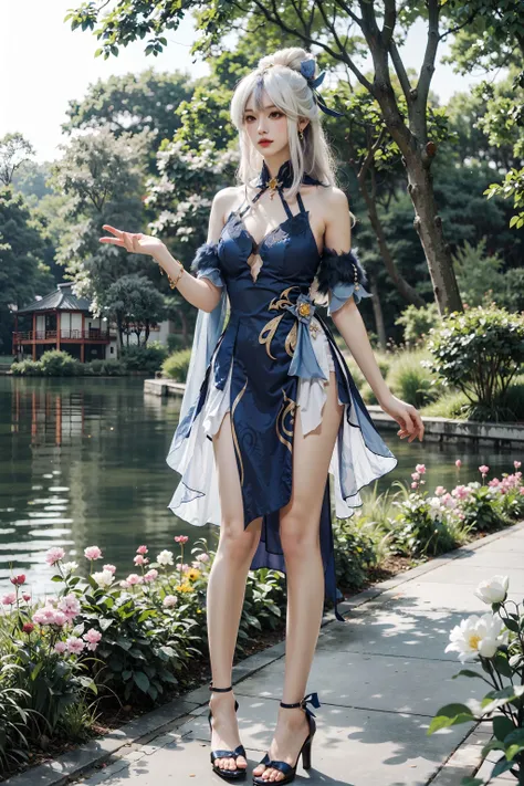<lora:Ning_Guang:0.7>, ning_guang, (standing naturally:1.5), sweet girl, white hair, long hair, parted bangs, hair ornament, jewelry, bare shoulders, detached sleeves, blue dress, bare legs, blue high heels,full body, outdoors, sunshine, lawn, flowers, sunny, lake, park,