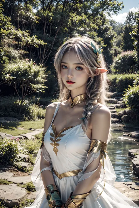 <lora:The_Greater_Lord_Rukkhadevata:0.6>,1 sweet girl, cowboy shot, the greater lord rukkhadevata, side braid, long hair,((white hair)) leaf hair ornament, pointy ears,elf, green eyes,bare shoulders, jewelry, white long dress, detached sleeves, bracelet ,looking at viewer, upper body, outdoors, in the forest, trees, (creek), sunshine,(fantasy), ((flowers:1.3)), <lora:add_detail:1> ,<lora:Euro-AmericanDollLikeness_V20:0.6>