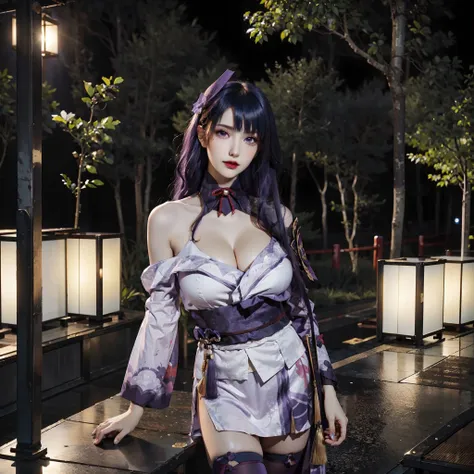 <lora:raiden_shogun:0.8>,(1girl), raiden_shogun, purple eyes, mole under eye, purple hair, hair ornament, obi, sash, shoulder armor, cleavage, (large breasts:1.2),looking at viewer, long hair, japanese clothes, purple kimono, thighhighs, standing, upper body, outdoors, cityscape, streets, buildings, booths, sunshine, <lora:Euro-AmericanDollLikeness_V20:0.55>