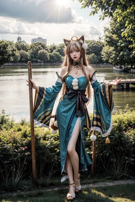 <lora:Miss_Hina:0.7>,(standing naturally:1.5),cowboy shot,realistic, photo realistic, cowboy shot, miss_hina, sweet girl, brown long hair, green long dress, bare shoulders, detached sleeves, wide sleeves, long sleeves, animal ears, dog ears, pom pom hair ornament, high heels, bare legs,outdoors, sunshine, lawn, flowers, sunny, lake, park,fantasy, high contrast,  <lora:add_detail:1>