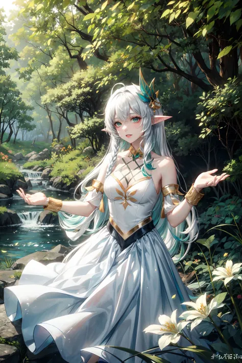 <lora:The_Greater_Lord_Rukkhadevata:0.7>,1 sweet girl, cowboy shot, the greater lord rukkhadevata, side braid, long hair,((white hair)) leaf hair ornament, pointy ears,elf, green eyes,bare shoulders, jewelry, white long dress, detached sleeves, bracelet ,looking at viewer, upper body, outdoors, in the forest, trees, (creek), sunshine,(fantasy), ((flowers:1.3)), <lora:add_detail:1> ,