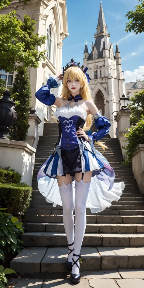 <lora:Fischl:0.7>, fischl_genshin, cowboy shot, 1girl, hair over one eye, blonde long hair, tiara,bare shoulders, detached sleeves, fischl's short dress, white thighhighs, black shoes, standing, looking at viewer, (smile:0.7), full body, outdoors, european town, european style houses, (castle), flowers, green plants, noon, streets, sunshine,