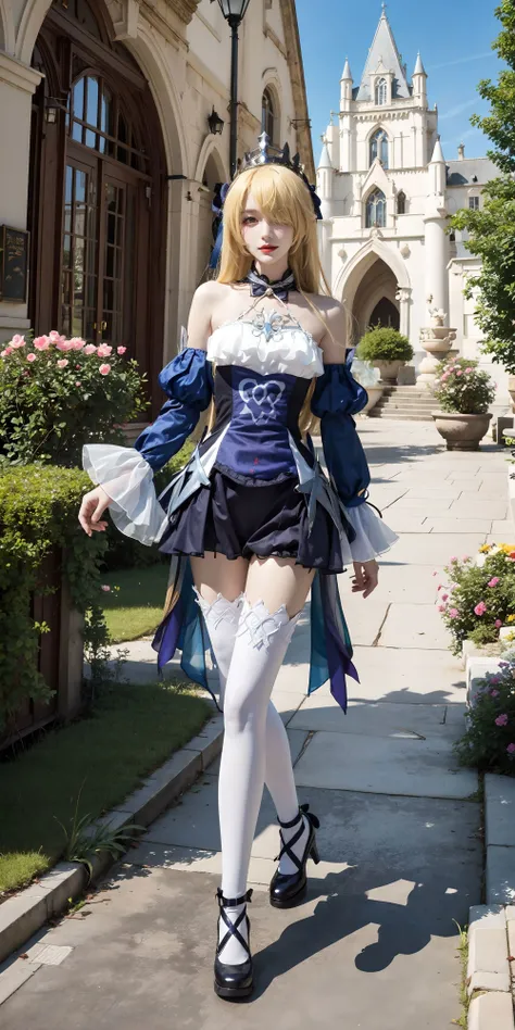 <lora:Fischl:0.7>, fischl_genshin, cowboy shot, 1girl, hair over one eye, blonde long hair, tiara,bare shoulders, detached sleeves, fischl's short dress, white thighhighs, black shoes, standing, looking at viewer, (smile:0.7), full body, outdoors, european town, european style houses, (castle), flowers, green plants, noon, streets, sunshine,