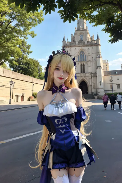<lora:Fischl:0.7>, fischl_genshin, cowboy shot, 1girl, hair over one eye, blonde long hair, tiara,bare shoulders, detached sleeves, (fischl's short dress), white thighhighs, standing,((arms behind back)),(leaning forward),(smile:0.75), looking at viewer, upper body, outdoors, european town, european style houses, (castle), noon, streets, sunshine,