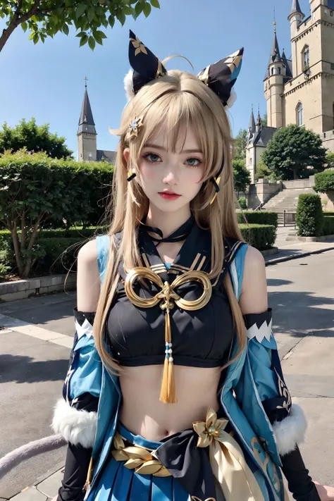 <lora:kirara:0.7>, kirara_genshin, beautiful face, sweet girl, hair ornament, cat ears, blonde long hair, green eyes, detached sleeves, kirara's upshirt, stomach cutout, navel, kirara's short skirt,  two cat tails, upper body, standing, looking at viewer, outdoors, european town, european style houses, (castle), noon, streets, sunshine,