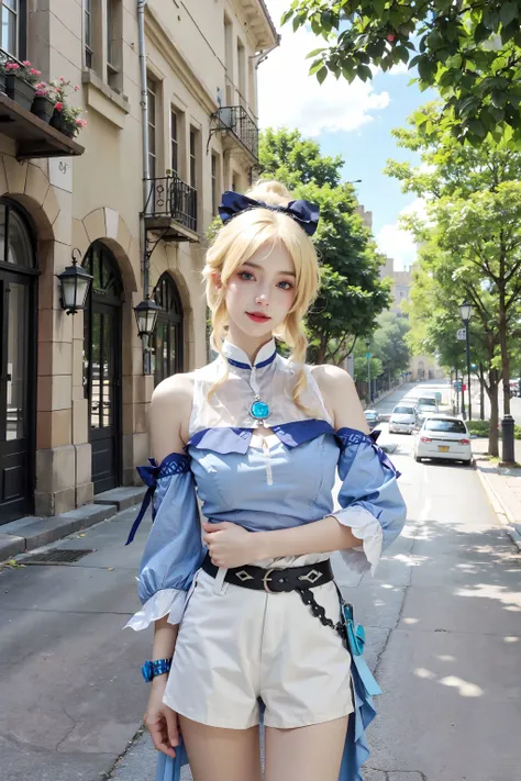 <lora:Jean_Genshin:0.7>, jean_genshin, 1girl, beautiful face, (cowboy shot), blonde hair, high ponytail, hair bow,bare shoulders, detached sleeves, jean's upshirt, jean's puffy white shorts, belt, (smile:0.7), (standing), looking at viewer, upper body, outdoors, european town, european style houses, (castle), noon, streets, sunshine,