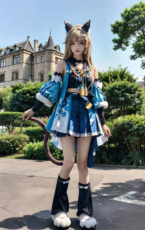 <lora:kirara:0.75>, kirara_genshin, beautiful face, sweet girl,(cowboy shot),close-up, hair ornament, cat ears, blonde long hair, green eyes, detached sleeves, kirara's upshirt, stomach cutout, kirara's short skirt, two cat tails, bare legs,(black leg warmers), ((white fur-trimmed cat feet shoe covers)), full body,(smile:0.7), standing, looking at viewer, upper body, looking at viewer, outdoors, european town, european style houses, (castle), noon, streets, sunshine,