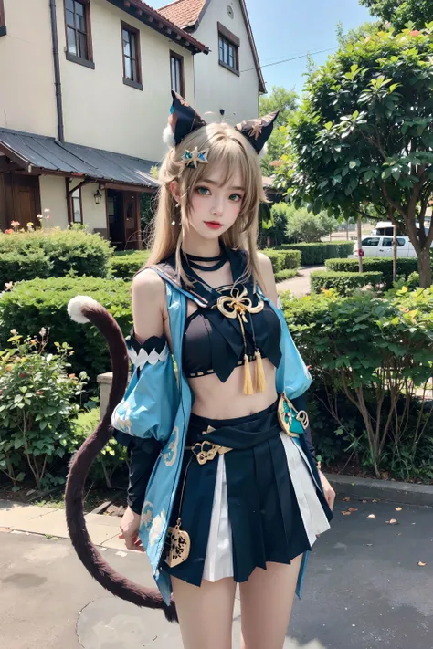 <lora:kirara:0.7>, kirara_genshin, beautiful face, sweet girl, hair ornament, cat ears, blonde long hair, green eyes, detached sleeves, kirara's upshirt, stomach cutout, navel, kirara's short skirt, two cat tails, upper body, standing, looking at viewer, outdoors, european town, european style houses, (castle), noon, streets, sunshine,
