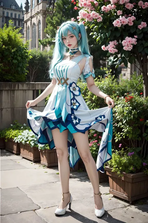 <lora:Faruzan:0.75>, (((best quality, masterpiece))), faruzan_genshin, ((cowboy shot)), aqua hair, long hair, twin tails, x hair ornament, jewelry, white dress, dress, short sleeves, high heels, looking at viewer, ((standing naturally), full body, outdoors, castle, streets, green plants, flowers,