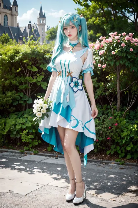 <lora:Faruzan:0.7>, (((best quality, masterpiece))), faruzan_genshin, ((cowboy shot)), aqua hair, long hair, twin tails, x hair ornament, jewelry, white dress, dress, short sleeves, high heels, looking at viewer, ((standing naturally), full body, outdoors, castle, streets, green plants, flowers,
