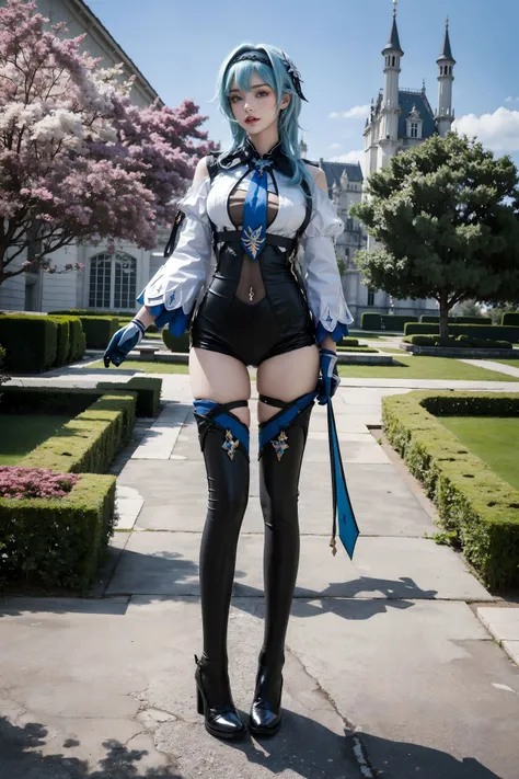 (masterpiece, best quality, cinematic, photorealistic, ultra-detailed), (1girl, female ninja), sexy body, (wide shot, from below:1.5), perfect hands, wide hips, (bursting breasts, large cleavage:1.3), round ass, (wearing kunoichi dress, a black ensemble consisting of a tunic, tabi socks, hakama skirts, and arm guards, ninja mask and ninja hood, with blue highlights:1.5), (spiky and messy short black hair, brown eyes:1.4), (seductive pose, crouching at the peak of tallest tree:1.4), (detailed eyes, detailed pupils), (naked), (night, full moon)