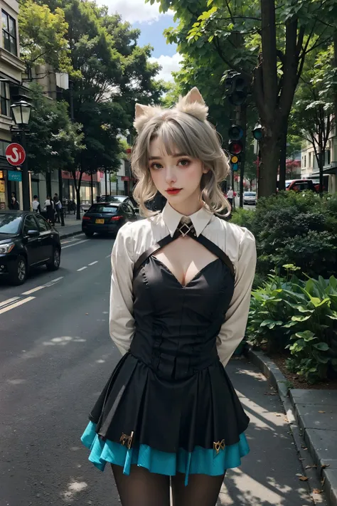 <lora:Lynette:0.75>,realistic, photorealistic, Lynette_genshin,((1girl)), cowboy shot,close-up,grey hair, cat ears, black short dress, white long sleeves, black pantyhose, cleavage, upper body,(((arms behind back))),((standing)),outdoors, castle, streets, green plants, flowers,
