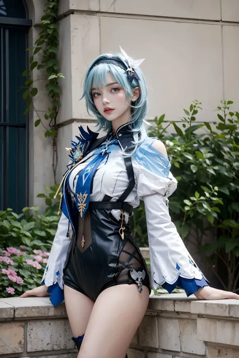 Beauty of a goddess, slim face, light smile, beautiful wan, 1girl, solo, (masterpiece:1.2), best quality, eula, genshin, high detailed, 8K resolution, looking at viewers, eula from genshin impact, outdoor, blue hair, hair ornaments, eula cosplay outfit