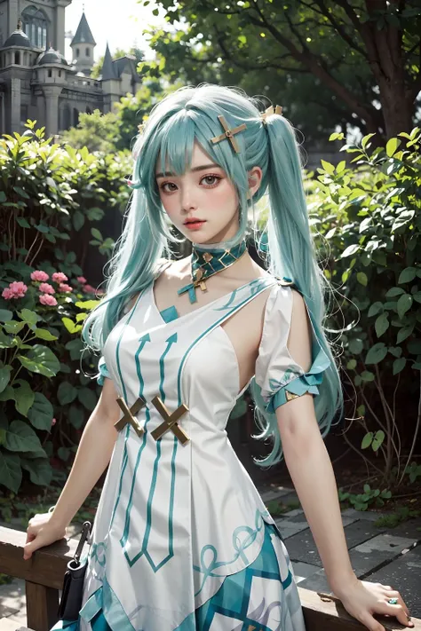 <lora:Faruzan:0.65>, (((best quality, masterpiece))), faruzan_genshin, ((cowboy shot)), aqua hair, long hair, twin tails, x hair ornament, jewelry, white dress, dress, short sleeves, looking at viewer, standing, upper body, outdoors, castle, streets, green plants, flowers,