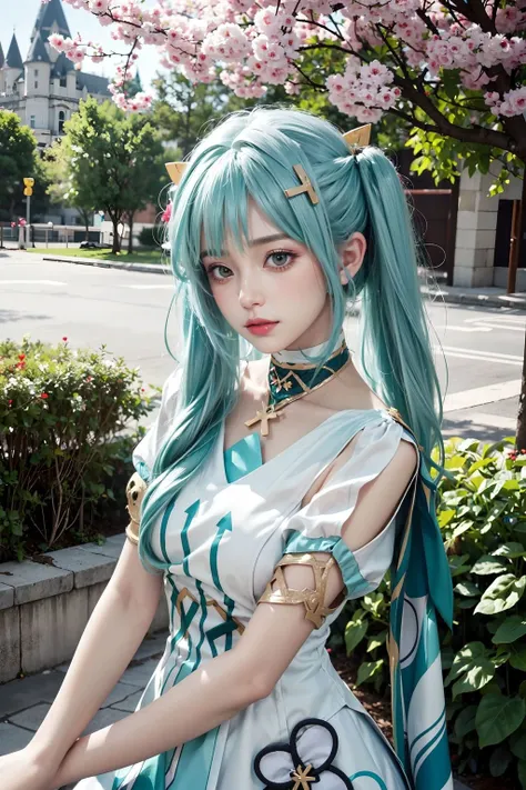 <lora:Faruzan:0.65>, (((best quality, masterpiece))), faruzan_genshin, ((cowboy shot)), aqua hair, long hair, twin tails, x hair ornament, jewelry, white dress, dress, short sleeves, looking at viewer, standing, upper body, outdoors, castle, streets, green plants, flowers,