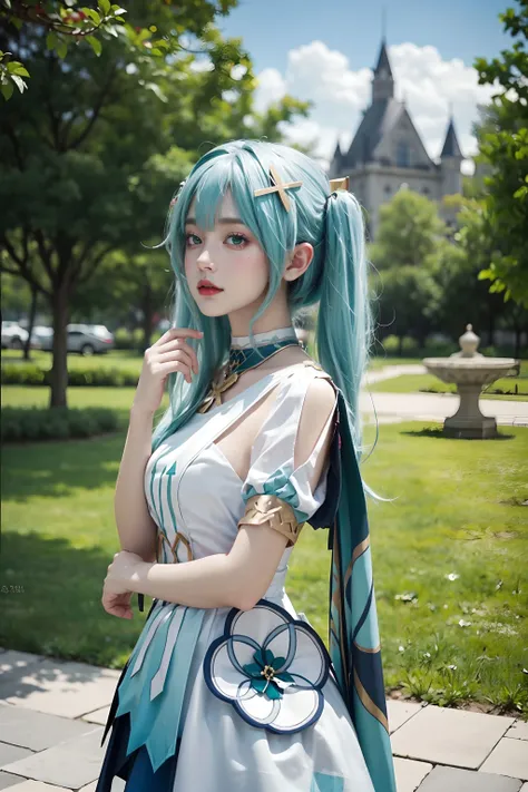 <lora:Faruzan:0.75>, (((best quality, masterpiece))), faruzan_genshin, aqua hair, long hair, twin tails, x hair ornament, jewelry, white dress, dress, short sleeves, upper body, outdoors, castle, streets, green plants, flowers,