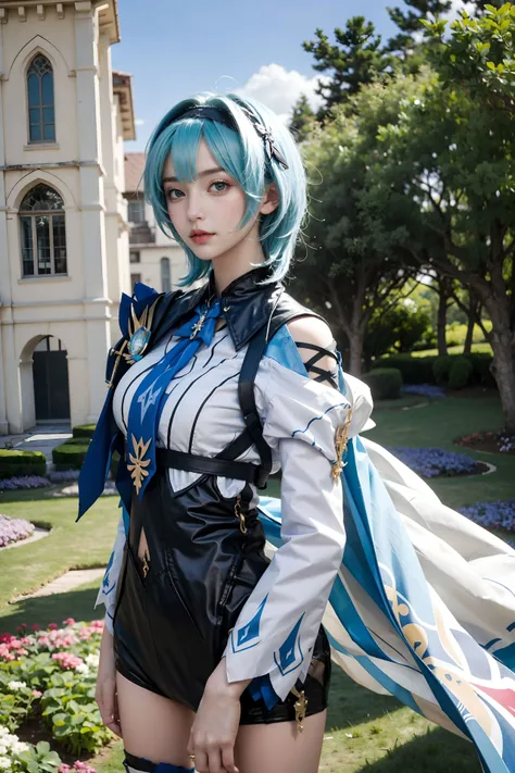 <lora:Eula:0.7>, (((best quality, masterpiece, good anatomy))), eula_in_genshin, cowboy shot, 1girl, blue short hair, black hairband,a leotard with a white top and black bottom, white long sleeves, blue necktie, jewelry on the shoulder, upper body,outdoors, castle, streets, green plants, flowers,
