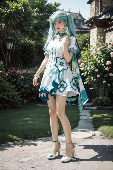 <lora:Faruzan:0.7>, (((best quality, masterpiece))), faruzan_genshin, ((cowboy shot)), aqua hair, long hair, twin tails, x hair ornament, jewelry, white dress, dress, short sleeves, high heels, looking at viewer, ((standing naturally), full body, outdoors, castle, streets, green plants, flowers,