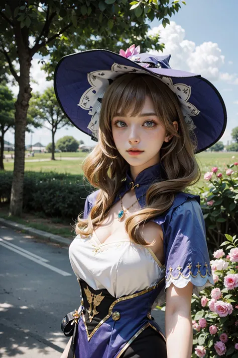<lora:lisa:0.65>, lisa_genshin, 1girl, witch hat, jewelry, blonde hair, green eyes, bangs, pruple dress, gigantic breasts, cleavage, black thighhighs, upper body, cowboy shot,  (masterpiece, high quality, best quality), (colorful),(delicate eyes and face), volumatic light, ray tracing, bust shot ,extremely detailed CG unity 8k wallpaper,solo((flying petal)),(Flowery meadow) sky, blue sky, sunny, light, fantasy, windy, magic sparks, outdoors, cityscape