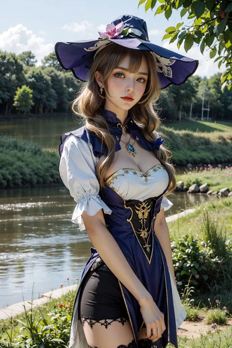 <lora:lisa:0.65>, lisa_genshin, 1girl, witch hat, jewelry, blonde hair, green eyes, bangs, pruple dress, gigantic breasts, cleavage, black thighhighs, upper body, cowboy shot, (masterpiece, high quality, best quality), (colorful),(delicate eyes and face), volumatic light, ray tracing, bust shot ,extremely detailed CG unity 8k wallpaper,solo((flying petal)),(Flowery meadow) sky, blue sky, sunny, light, fantasy, windy, magic sparks, outdoors, cityscape