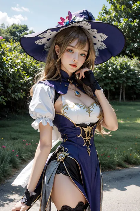 <lora:lisa:0.65>, lisa_genshin, 1girl, witch hat, jewelry, blonde hair, green eyes, bangs, pruple dress, gigantic breasts, cleavage, black thighhighs, upper body, cowboy shot, (masterpiece, high quality, best quality), (colorful),(delicate eyes and face), volumatic light, ray tracing, bust shot ,extremely detailed CG unity 8k wallpaper,solo((flying petal)),(Flowery meadow) sky, blue sky, sunny, light, fantasy, windy, magic sparks, outdoors, cityscape