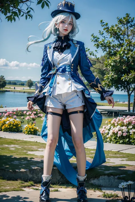 <lora:Focalors:0.7>,(realistic, photorealistic), Focalors_genshin, standing,(normal standing pose:1.4), 1girl, blue hat, ((white hair)),(cowboy shot), hair between eyes, blue eyes, bangs, white shorts, thigh strap, long sleeves, blue jacket, white shirt, short boots, full body, (masterpiece, high quality, best quality), (colorful),(delicate eyes and face), volumatic light, ray tracing, bust shot ,extremely detailed CG unity 8k wallpaper,solo((flying petal)),(Flowery meadow) sky, blue sky, sunny, light, fantasy, windy, magic sparks, outdoors, park, trees, flowers, lake,