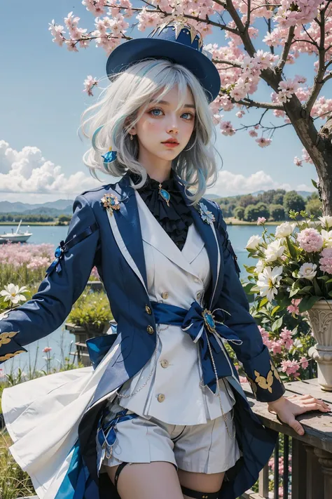 <lora:Focalors:0.7>,(realistic, photorealistic), Focalors_genshin, standing, 1girl, blue hat, ((white hair)),(cowboy shot, close-up), hair between eyes, blue eyes, bangs, white shorts, thigh strap, long sleeves, blue jacket, white shirt, upper body, (masterpiece, high quality, best quality), (colorful),(delicate eyes and face), volumatic light, ray tracing, bust shot ,extremely detailed CG unity 8k wallpaper,solo((flying petal)),(Flowery meadow) sky, blue sky, sunny, light, fantasy, windy, magic sparks, outdoors, park, trees, flowers, lake,