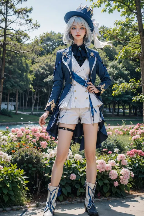 <lora:Focalors:0.7>,(realistic, photorealistic), Focalors_genshin, standing,(normal standing pose:1.4), 1girl, blue hat, ((white hair)),(cowboy shot), hair between eyes, blue eyes, bangs, white shorts, thigh strap, long sleeves, blue jacket, white shirt, short boots, full body, (masterpiece, high quality, best quality), (colorful),(delicate eyes and face), volumatic light, ray tracing, bust shot ,extremely detailed CG unity 8k wallpaper,solo((flying petal)),(Flowery meadow) sky, blue sky, sunny, light, fantasy, windy, magic sparks, outdoors, park, trees, flowers, lake,