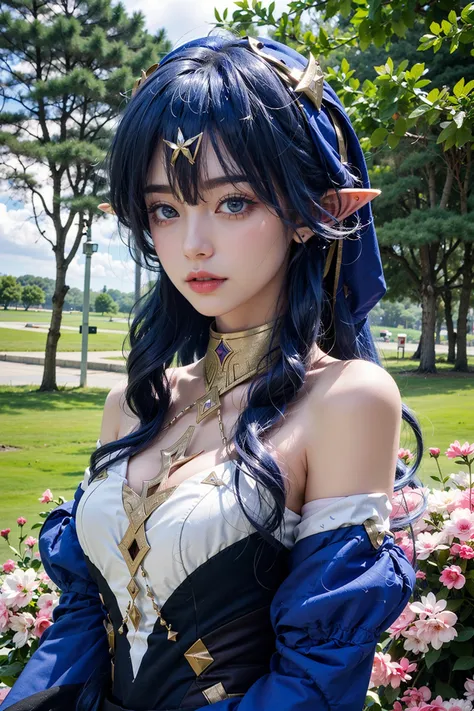 <lora:Layla:0.7>, (realistic, photorealistic),(cowboy shot), ((close-up)), layla_genshin, blue hair, long hair, yellow eyes, pointed ears, bare shoulders, blue detached sleeves, upper body, standing, (masterpiece, high quality, best quality), (colorful),(delicate eyes and face), volumatic light, ray tracing, bust shot ,extremely detailed CG unity 8k wallpaper,solo((flying petal)),(Flowery meadow) sky, blue sky, sunny, light, fantasy, windy, magic sparks, outdoors, park, trees, flowers, lake,