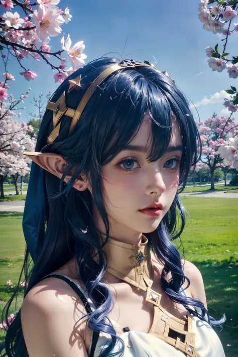 <lora:Layla:0.7>, (realistic, photorealistic),(cowboy shot), ((close-up)),(closed mouth:1.6), layla_genshin, blue hair, long hair, yellow eyes, pointed ears, bare shoulders, blue detached sleeves, upper body, standing, (masterpiece, high quality, best quality), (colorful),(delicate eyes and face), volumatic light, ray tracing, bust shot ,extremely detailed CG unity 8k wallpaper,solo((flying petal)),(Flowery meadow) sky, blue sky, sunny, light, fantasy, windy, magic sparks, outdoors, park, trees, flowers, lake,
