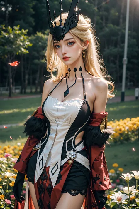 <lora:La_signora:0.7>, La Signora(genshin impact), 1girl, blonde long hair, mask, makeup, bare shoulders, dress, cleavage, large breasts, detached sleeves, gloves, thighs, (upper body:0.7), standing, (cowboy shot),(masterpiece, high quality, best quality), (colorful),(delicate eyes and face), volumatic light, ray tracing, extremely detailed CG unity 8k wallpaper,solo, ((flying petal)), outdoors, ((flowers field)),