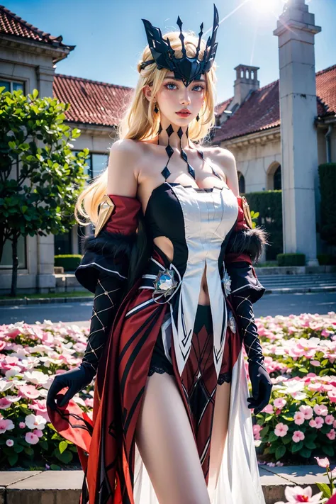tmasterpiece, Best quality at best, A high resolution, HM2b, white blindfold, covering eyes, Mole under the mouth, clothing cutout, longer sleeves, puffy sleeves, Juliet sleeves, feather-adorned, white thighhig, black glove, black color dress, a black skirt, exteriors, lakes, build, 废墟, spheres, Overlooking, Mole on the chest,D-cups