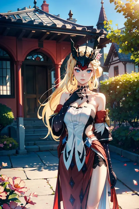 <lora:La_signora:0.85>, La Signora(genshin impact), 1girl, blonde long hair, mask, makeup, bare shoulders, dress, cleavage, large breasts, detached sleeves, gloves, thighs, standing, upper body, standing, (cowboy shot),(masterpiece, high quality, best quality), (colorful),(delicate eyes and face), volumatic light, ray tracing, extremely detailed CG unity 8k wallpaper,solo, ((flying petal)), outdoors, castle, town, flowers, houses, blue sky, sunlight