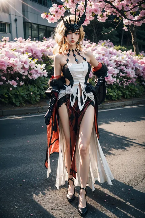 <lora:La_signora:0.8>, La Signora(genshin impact), 1girl, blonde long hair, mask, makeup, bare shoulders, dress, cleavage, large breasts, detached sleeves, gloves, thighs, black high heels,standing, (normal standing pose:1.5), full body, standing, (cowboy shot),(masterpiece, high quality, best quality), (colorful),(delicate eyes and face), volumatic light, ray tracing, extremely detailed CG unity 8k wallpaper,solo, ((flying petal)), outdoors, flowers field, blue sky, sunlight