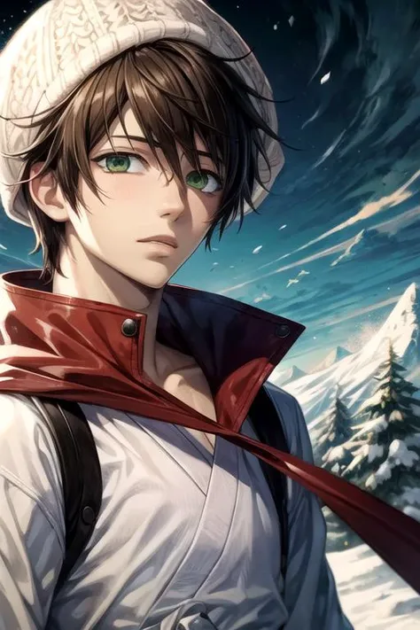 masterpiece, best quality, illustration, 1boy, solo, male focus, looking at viewer, upper body, , , , <lora:kotarou_izumi:0.72>, kotarou_izumi, brown hair, green eyes, , ski hat, alternate history,
