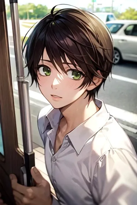 masterpiece, best quality, photorealistic, 1boy, solo, male focus, looking at viewer, upper body, depth of field, , realistic, <lora:kotarou_izumi:0.68>, kotarou_izumi, brown hair, green eyes, , , highway, HD-DVD