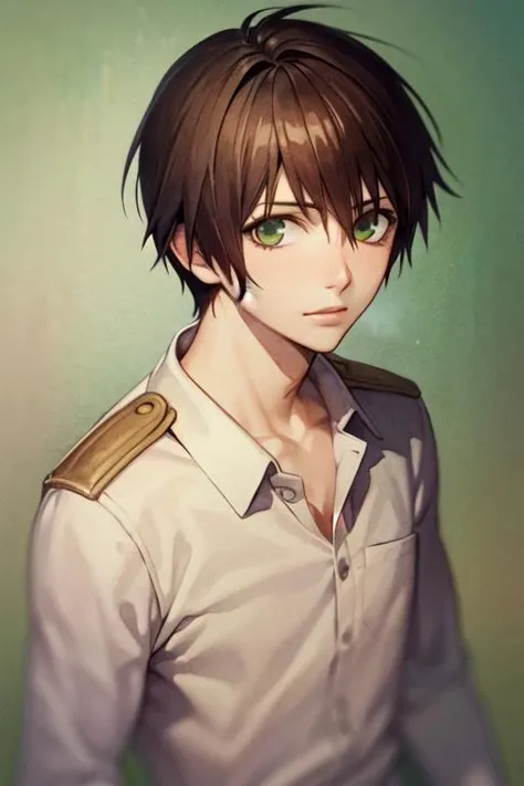 masterpiece, best quality, wallpaper, 1boy, solo, male focus, looking at viewer, upper body, depth of field, (watercolor illustration, soft pastel colors:1.1), realistic, <lora:kotarou_izumi:0.68>, kotarou_izumi, brown hair, green eyes, , world war 1,