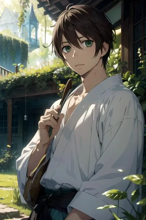 masterpiece, best quality, movie still, 1boy, solo, male focus, looking at viewer, upper body, , , realistic, <lora:kotarou_izumi:0.72>, kotarou_izumi, brown hair, green eyes, , Fairyland: A place where fairies and other magical creatures live, HD-DVD