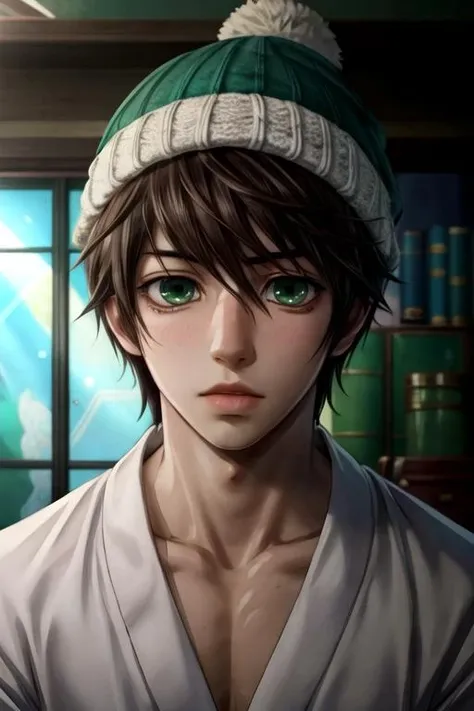 masterpiece, best quality, game cg, 1boy, solo, male focus, looking at viewer, , depth of field, anime coloring, , <lora:kotarou_izumi:0.72>, kotarou_izumi, brown hair, green eyes, , beanie, , 12k resolution