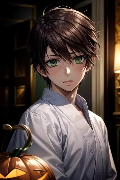 masterpiece, best quality, movie still, 1boy, solo, male focus, looking at viewer, upper body, depth of field, , , <lora:kotarou_izumi:0.74>, kotarou_izumi, brown hair, green eyes, halloween costume, world war 2, HDR