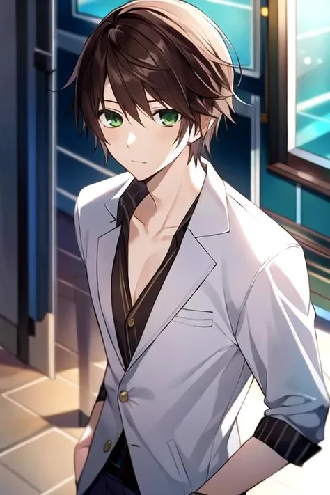 masterpiece, best quality, , 1boy, solo, male focus, looking at viewer, upper body, , , , <lora:kotarou_izumi:0.70>, kotarou_izumi, brown hair, green eyes, suit trousers, , biopunk,