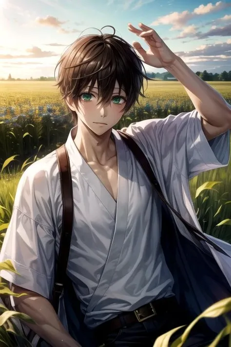 masterpiece, best quality, wallpaper, 1boy, solo, male focus, looking at viewer, , , , , <lora:kotarou_izumi:0.72>, kotarou_izumi, brown hair, green eyes, , field,