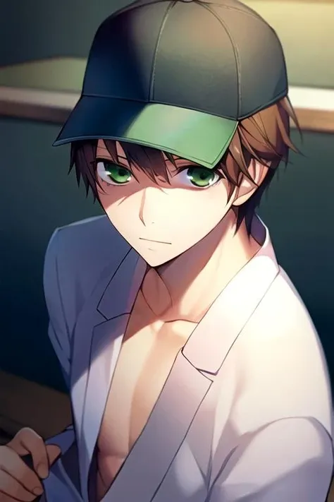 masterpiece, best quality, wallpaper, 1boy, solo, male focus, looking at viewer, upper body, , , realistic, <lora:kotarou_izumi:0.70>, kotarou_izumi, brown hair, green eyes, suit, trucker hat, atompunk,