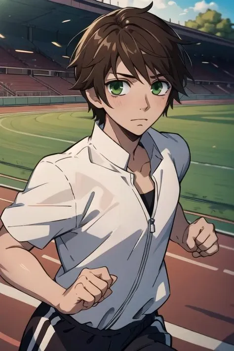 masterpiece, best quality, illustration, 1boy, solo, male focus, looking at viewer, , depth of field, , , <lora:kotarou_izumi:0.68>, kotarou_izumi, brown hair, green eyes, toga costume, running track, 4k resolution