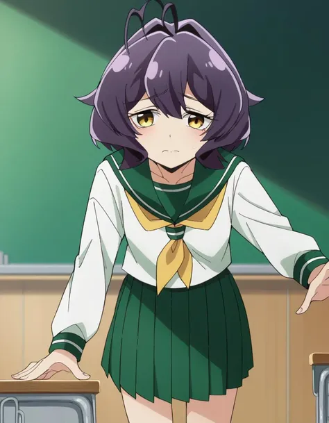 score_9, score_8_up, score_7_up, source_anime,
utenahiiragi, <lora:utena-hiiragi-ponyxl-lora-nochekaiser:1>
utena hiiragi, short hair, yellow eyes, purple hair, ahoge, hair intakes,
skirt, shirt, long sleeves, school uniform, white shirt, pleated skirt, serafuku, sailor collar, neckerchief, green skirt, green sailor collar,
indoors, classroom, bent over,
looking at viewer, dutch angle, cowboy shot